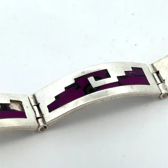 Taxco Mexico TM-275 925 Sterling Silver Purple Inlay Wave Panel Bracelet